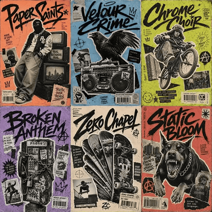Example output from the Punk Zine Streetwear Posters ChatGPT prompt: a six-poster grid of 1990s zine-style streetwear posters with halftone photo cutouts and graffiti brush lettering, titled Paper Saints, Velour Crime, Chrome Choir, Broken Anthem, Zero Chapel and Static Bloom.