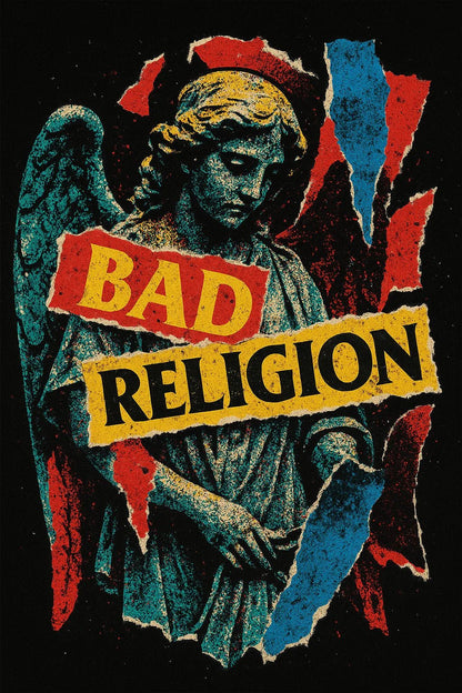 Example output from the Punk Zine Torn-Paper Collage ChatGPT prompt: Bad Religion gritty torn-paper poster