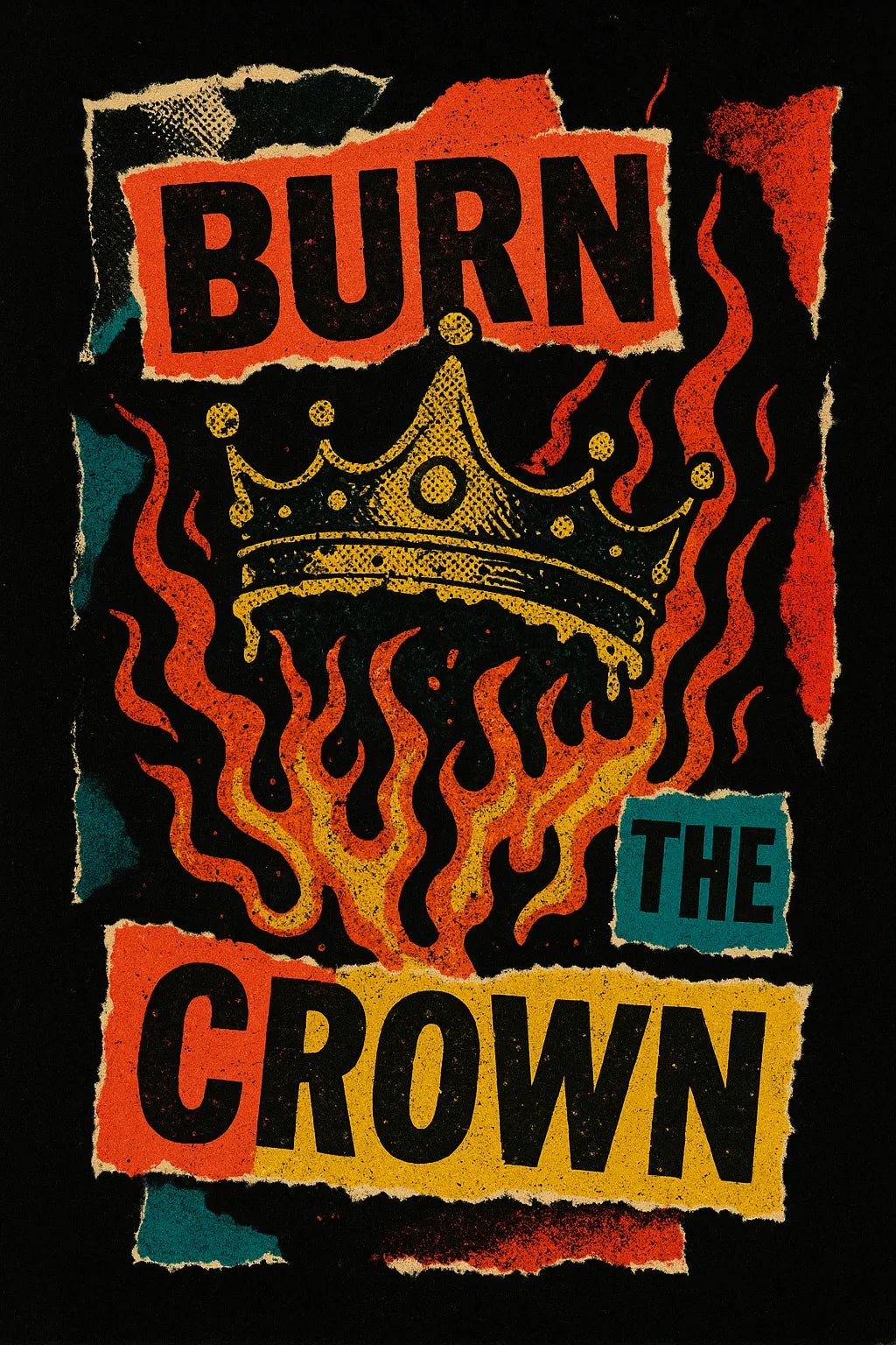 Example output from the Punk Zine Torn-Paper Collage ChatGPT prompt: Burn the Crown gritty torn-paper poster