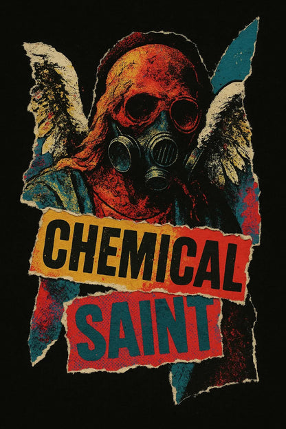Example output from the Punk Zine Torn-Paper Collage ChatGPT prompt: Chemical Saint gritty torn-paper poster
