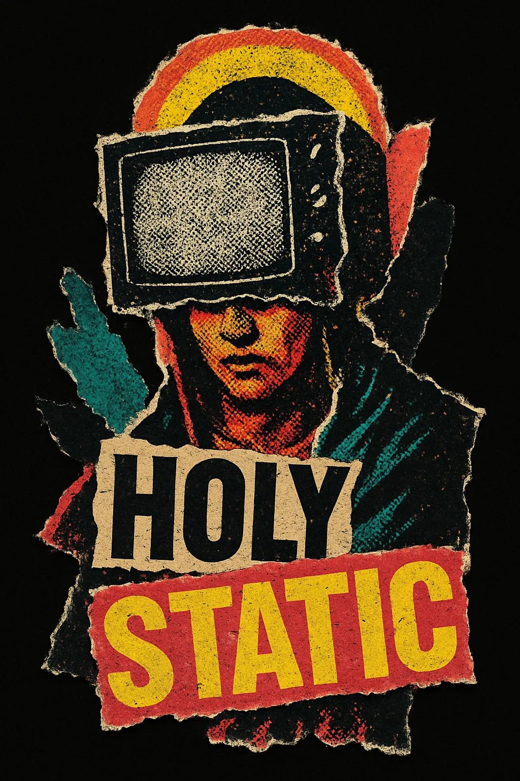 Example output from the Punk Zine Torn-Paper Collage ChatGPT prompt: Holy Static gritty torn-paper poster