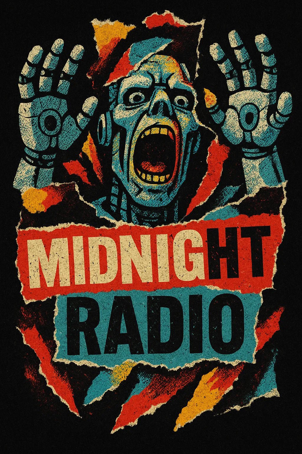 Example output from the Punk Zine Torn-Paper Collage ChatGPT prompt: Midnight Radio gritty torn-paper poster