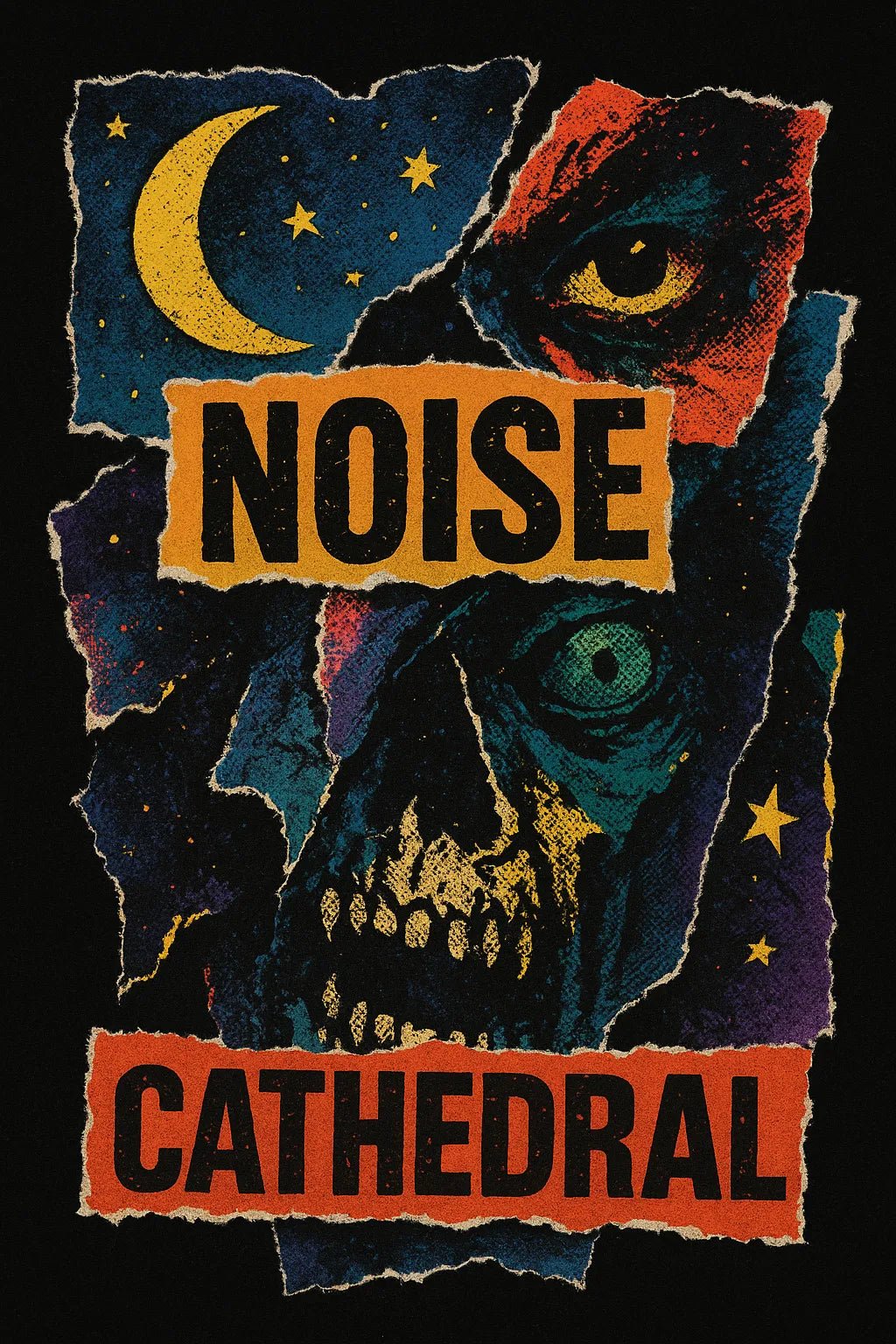 Example output from the Punk Zine Torn-Paper Collage ChatGPT prompt: Noise Cathedral gritty torn-paper poster