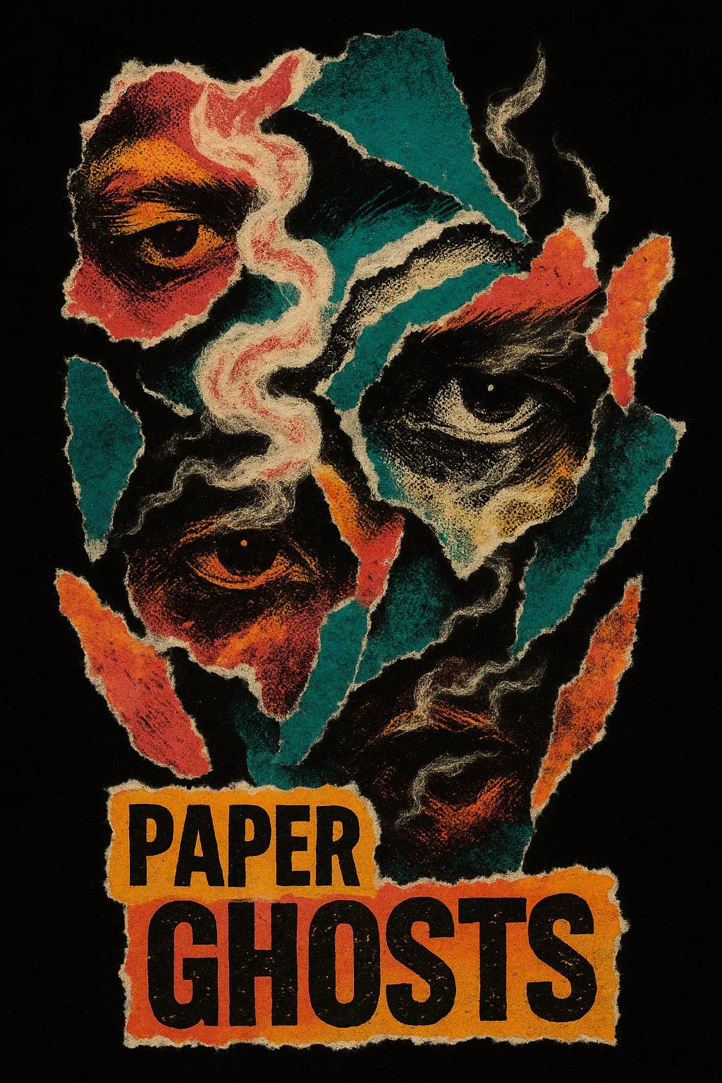 Example output from the Punk Zine Torn-Paper Collage ChatGPT prompt: Paper Ghosts gritty torn-paper poster