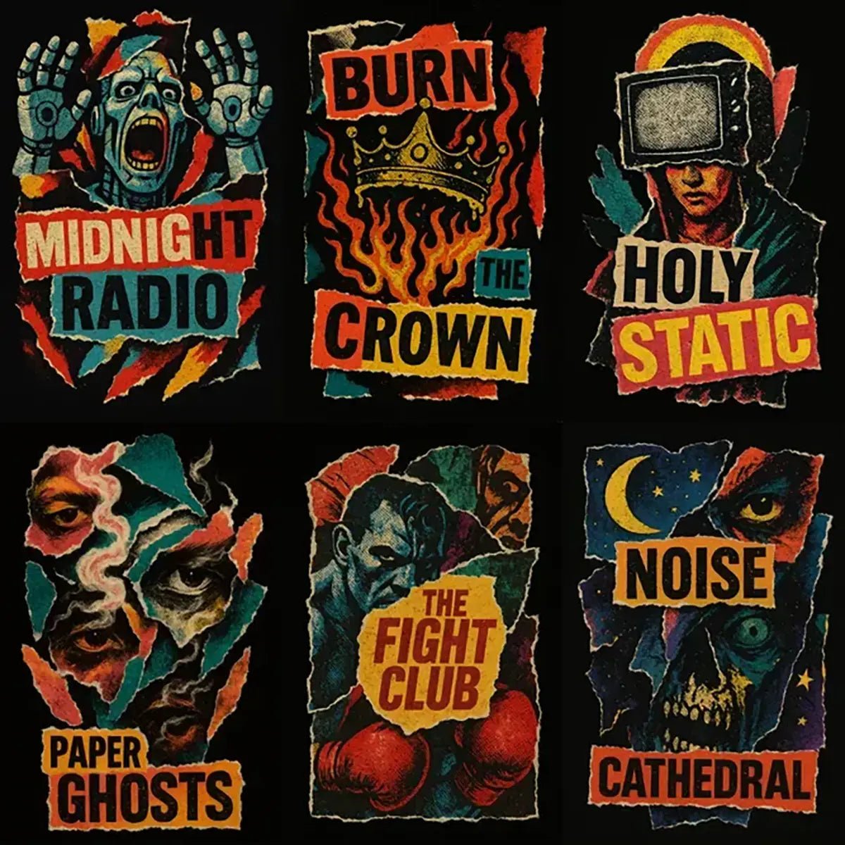 Example output from the Punk Zine Torn-Paper Collage ChatGPT prompt: six gritty torn-paper posters with halftones, analog scan texture, bold typography, and intense portraits.