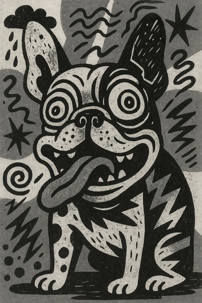 Example output from the Quirky Art From Any Scene Or Moods ChatGPT prompt: surreal zine-style portraits. Crazy dog.