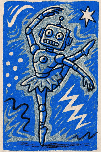 Example output from the Quirky Art From Any Scene Or Moods ChatGPT prompt: surreal zine-style portraits. Robot dancer.