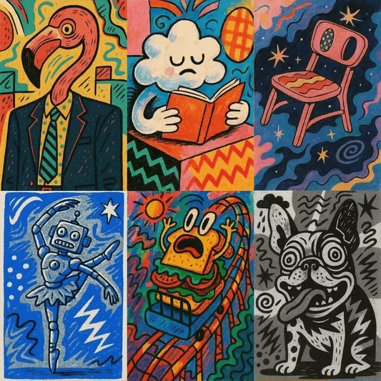 Example output from the Quirky Art From Any Scene Or Moods ChatGPT prompt: surreal zine-style portraits with bold outlines and chaotic scenes, featuring expressive characters, mood-based compositions, and saturated color patterns.
