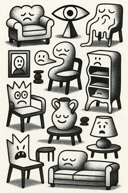 Example output from the Quirky Black And White Sketch Sheets ChatGPT prompt: dense hand-drawn black-and-white sketch grids, featuring halftone textures, themed panels, and surreal abstract iconography. Preview 10