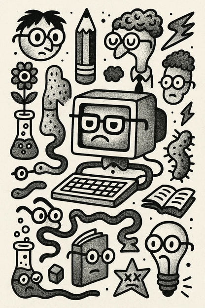 Example output from the Quirky Black And White Sketch Sheets ChatGPT prompt: dense hand-drawn black-and-white sketch grids, featuring halftone textures, themed panels, and surreal abstract iconography. Preview 2