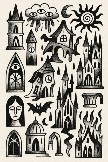 Example output from the Quirky Black And White Sketch Sheets ChatGPT prompt: dense hand-drawn black-and-white sketch grids, featuring halftone textures, themed panels, and surreal abstract iconography. Preview 3