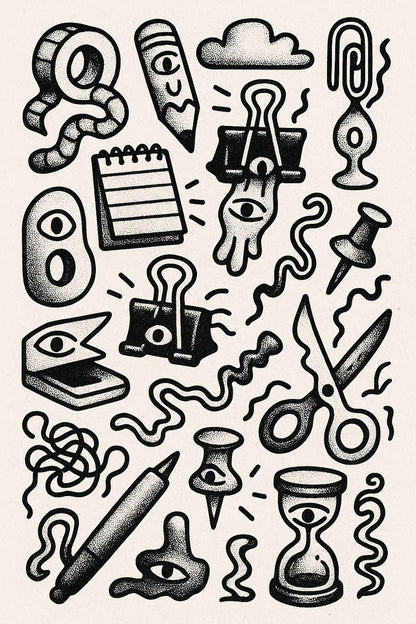 Example output from the Quirky Black And White Sketch Sheets ChatGPT prompt: dense hand-drawn black-and-white sketch grids, featuring halftone textures, themed panels, and surreal abstract iconography. Preview 4