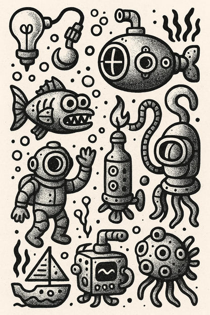 Example output from the Quirky Black And White Sketch Sheets ChatGPT prompt: dense hand-drawn black-and-white sketch grids, featuring halftone textures, themed panels, and surreal abstract iconography. Preview 5