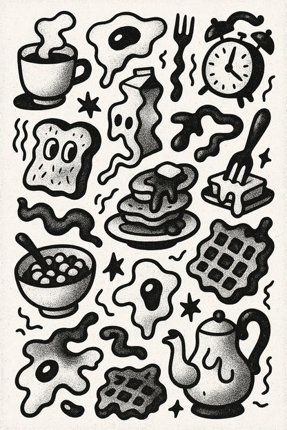 Example output from the Quirky Black And White Sketch Sheets ChatGPT prompt: dense hand-drawn black-and-white sketch grids, featuring halftone textures, themed panels, and surreal abstract iconography. Preview 6
