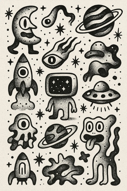 Example output from the Quirky Black And White Sketch Sheets ChatGPT prompt: dense hand-drawn black-and-white sketch grids, featuring halftone textures, themed panels, and surreal abstract iconography. Preview 7