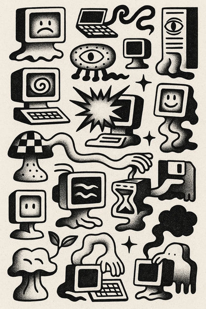 Example output from the Quirky Black And White Sketch Sheets ChatGPT prompt: dense hand-drawn black-and-white sketch grids, featuring halftone textures, themed panels, and surreal abstract iconography. Preview 8