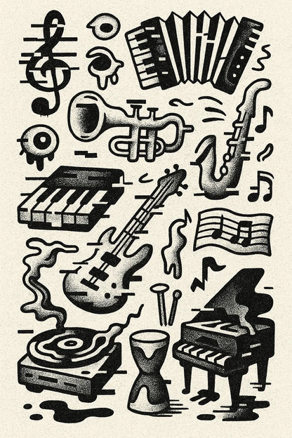 Example output from the Quirky Black And White Sketch Sheets ChatGPT prompt: dense hand-drawn black-and-white sketch grids, featuring halftone textures, themed panels, and surreal abstract iconography. Preview 9