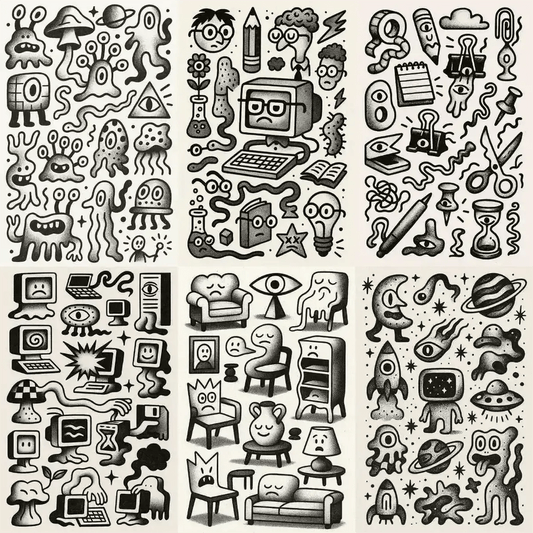 Example output from the Quirky Black And White Sketch Sheets ChatGPT prompt: dense hand-drawn black-and-white sketch grids, featuring halftone textures, themed panels, and surreal abstract iconography for zines or merch.