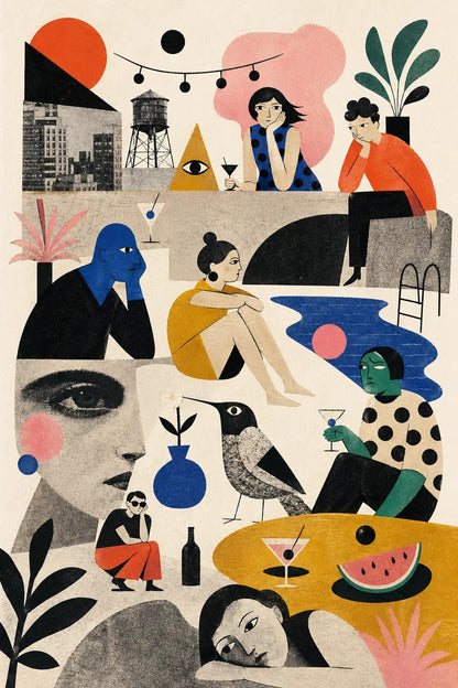 Example output from the Quirky Editorial Collage Art ChatGPT prompt: a boredom party editorial collage illustration in flat cut-paper style with symbolic shapes and muted color blocks.