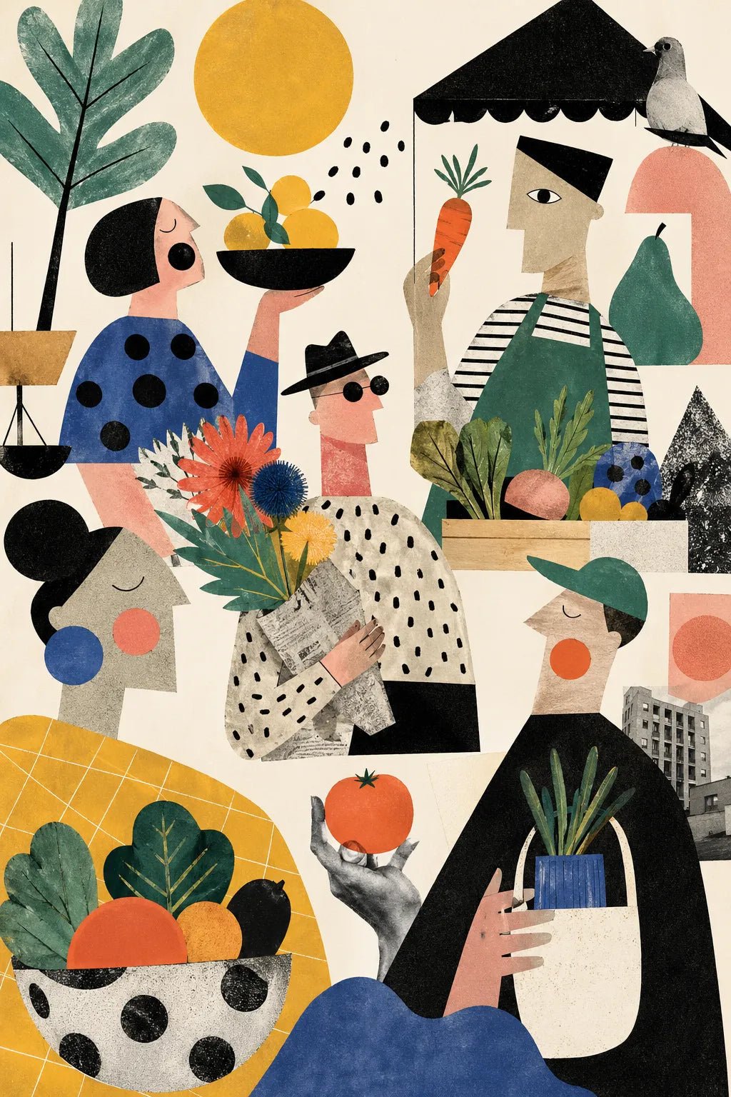 Example output from the Quirky Editorial Collage Art ChatGPT prompt: a farmers market editorial collage with stylized figures carrying produce, flowers and plants in flat cut-paper shapes.