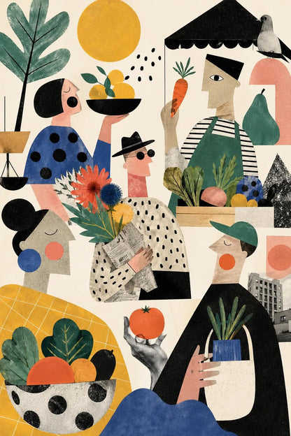 Example output from the Quirky Editorial Collage Art ChatGPT prompt: a farmers market editorial collage with stylized figures carrying produce, flowers and plants in flat cut-paper shapes.
