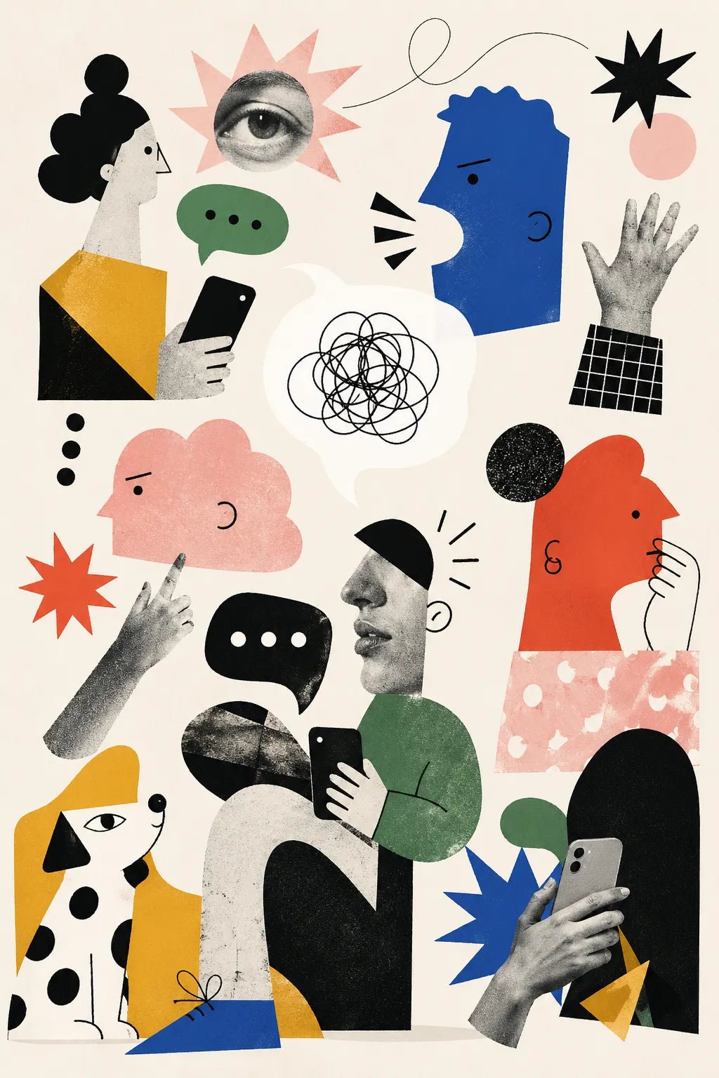 Example output from the Quirky Editorial Collage Art ChatGPT prompt: a group chat editorial collage with phone screens, speech bubbles and tangled scribbles between abstract figures.