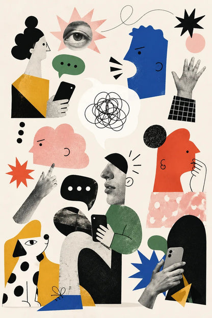 Example output from the Quirky Editorial Collage Art ChatGPT prompt: a group chat editorial collage with phone screens, speech bubbles and tangled scribbles between abstract figures.