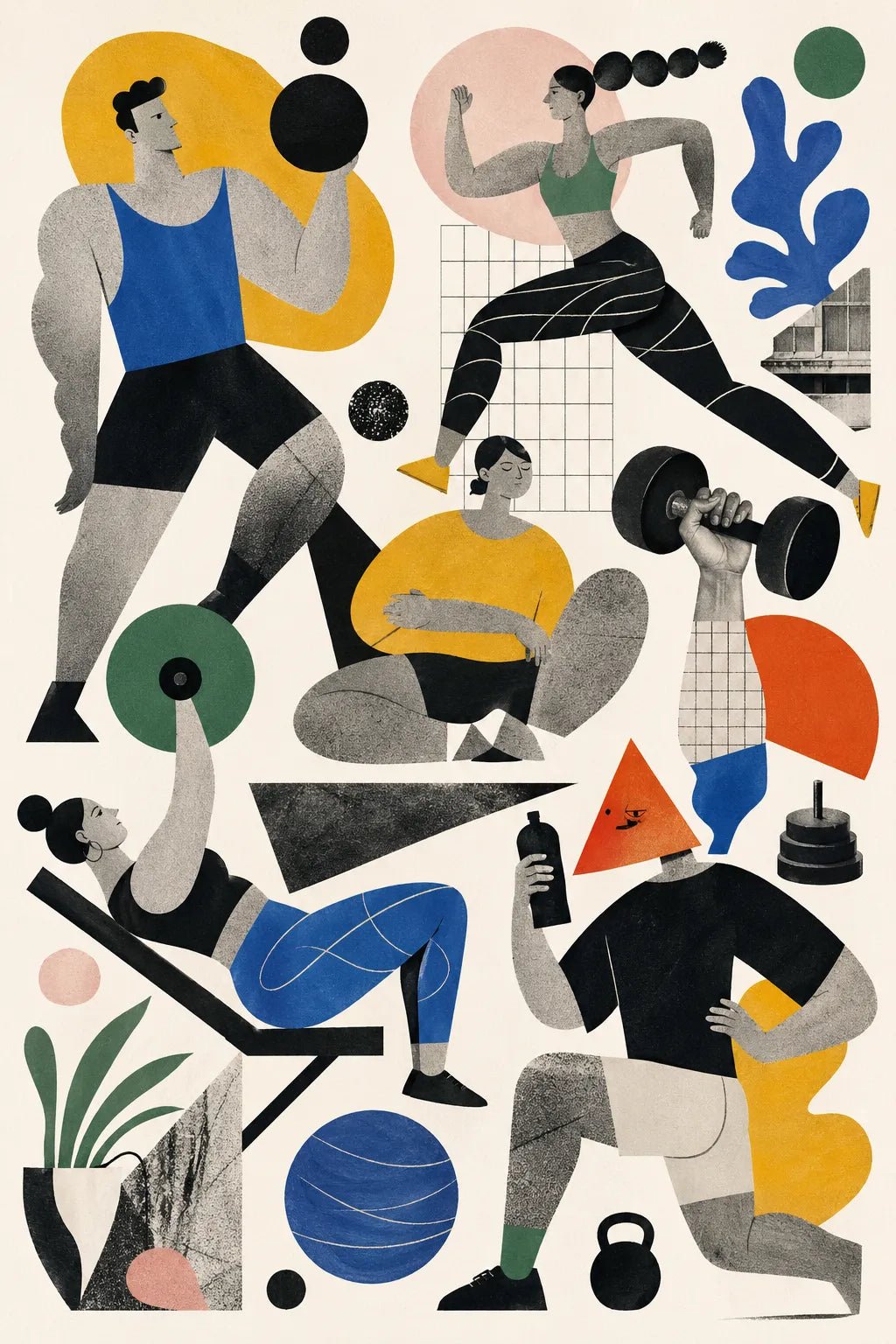 Example output from the Quirky Editorial Collage Art ChatGPT prompt: a gym culture editorial collage illustration in flat cut-paper style with symbolic shapes and muted color blocks.