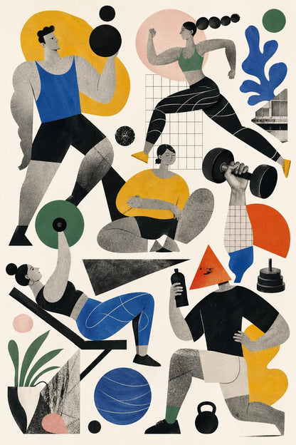 Example output from the Quirky Editorial Collage Art ChatGPT prompt: a gym culture editorial collage illustration in flat cut-paper style with symbolic shapes and muted color blocks.