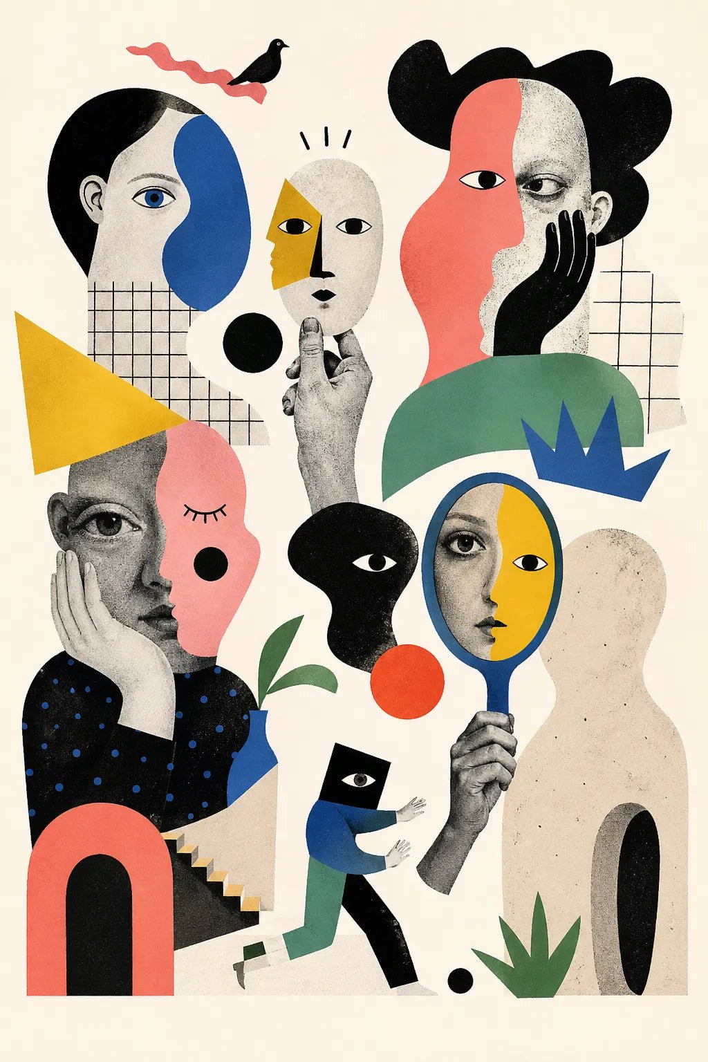 Example output from the Quirky Editorial Collage Art ChatGPT prompt: an identity crisis editorial collage with split and mirrored faces in flat color blocks and photo fragments.