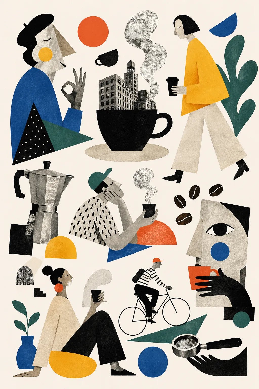 Example output from the Quirky Editorial Collage Art ChatGPT prompt: an urban coffee culture editorial collage with an oversized cup, moka pot, coffee beans and city figures.