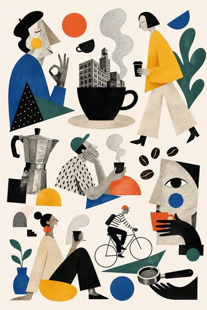 Example output from the Quirky Editorial Collage Art ChatGPT prompt: an urban coffee culture editorial collage with an oversized cup, moka pot, coffee beans and city figures.