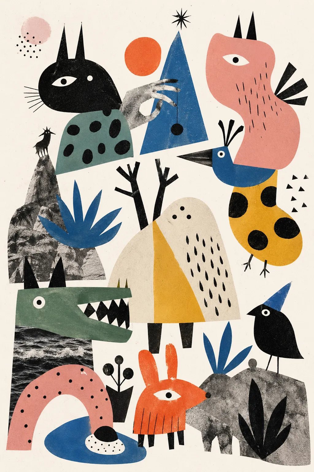 Example output from the Quirky Editorial Collage Art ChatGPT prompt: a wild creatures editorial collage with abstract birds, a crocodile and a rabbit built from flat geometric shapes.