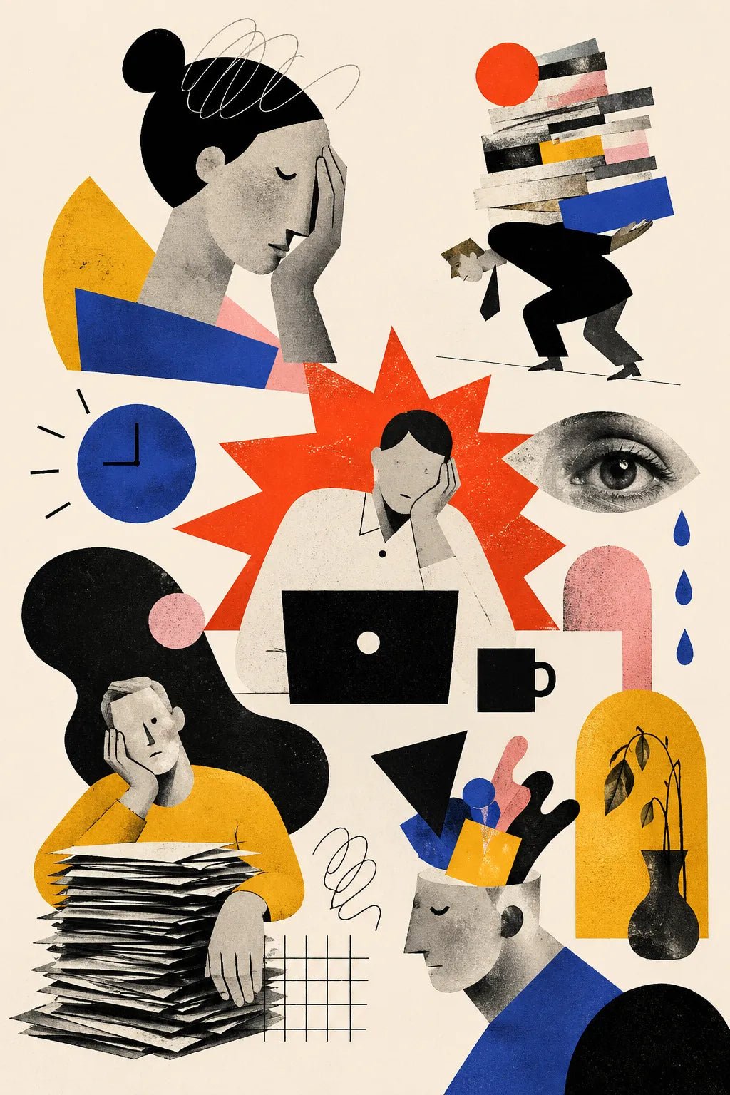 Example output from the Quirky Editorial Collage Art ChatGPT prompt: a work burnout editorial collage with slumped figures, paper stacks, a laptop and a clock in flat cut-paper shapes.