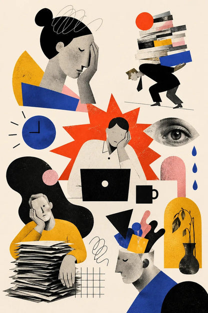 Example output from the Quirky Editorial Collage Art ChatGPT prompt: a work burnout editorial collage with slumped figures, paper stacks, a laptop and a clock in flat cut-paper shapes.