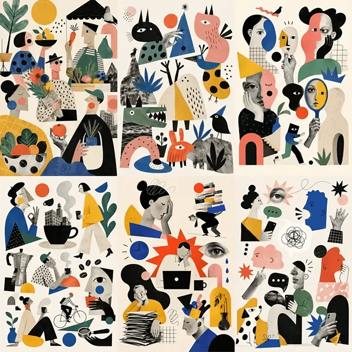 Example output from the Quirky Editorial Collage Art ChatGPT prompt: a six-panel grid of editorial collage illustrations with flat cut-paper shapes and muted primary colors, covering a farmers market, wild creatures, identity, coffee culture, work burnout and group chat themes.