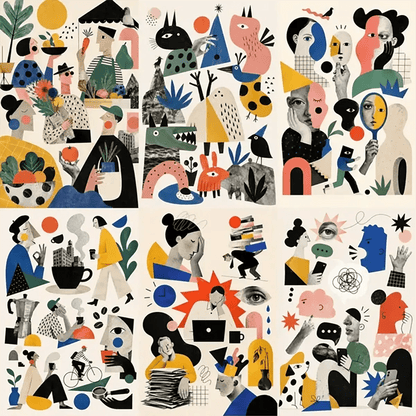 Example output from the Quirky Editorial Collage Art ChatGPT prompt: a six-panel grid of editorial collage illustrations with flat cut-paper shapes and muted primary colors, covering a farmers market, wild creatures, identity, coffee culture, work burnout and group chat themes.