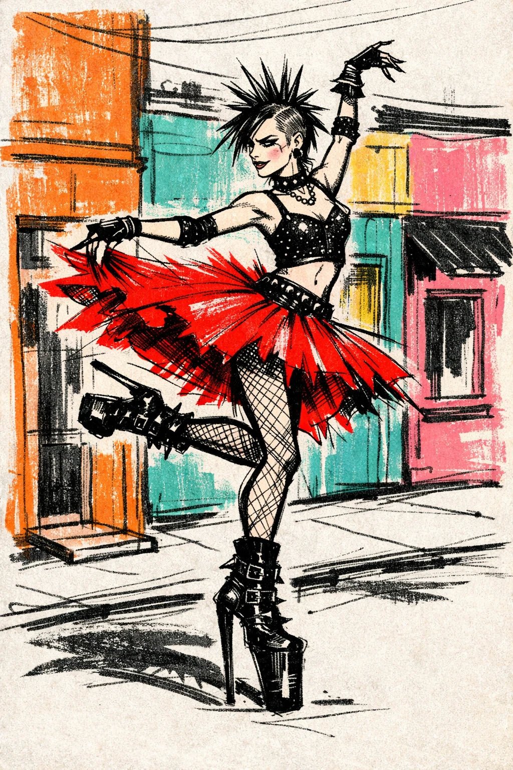 Example output from the Quirky Fashion Character Illustrations ChatGPT prompt: a sketch-style fashion illustration of a ballet punk in a red tutu and platform boots against colorful storefronts.