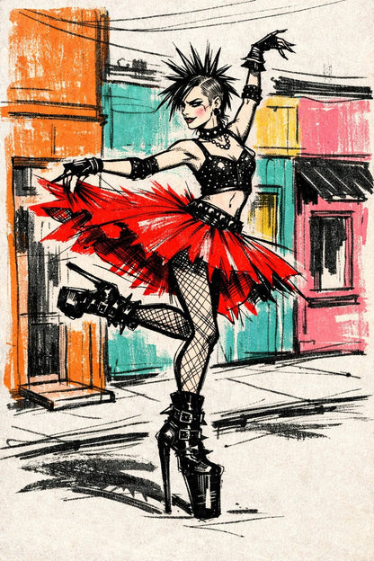 Example output from the Quirky Fashion Character Illustrations ChatGPT prompt: a sketch-style fashion illustration of a ballet punk in a red tutu and platform boots against colorful storefronts.