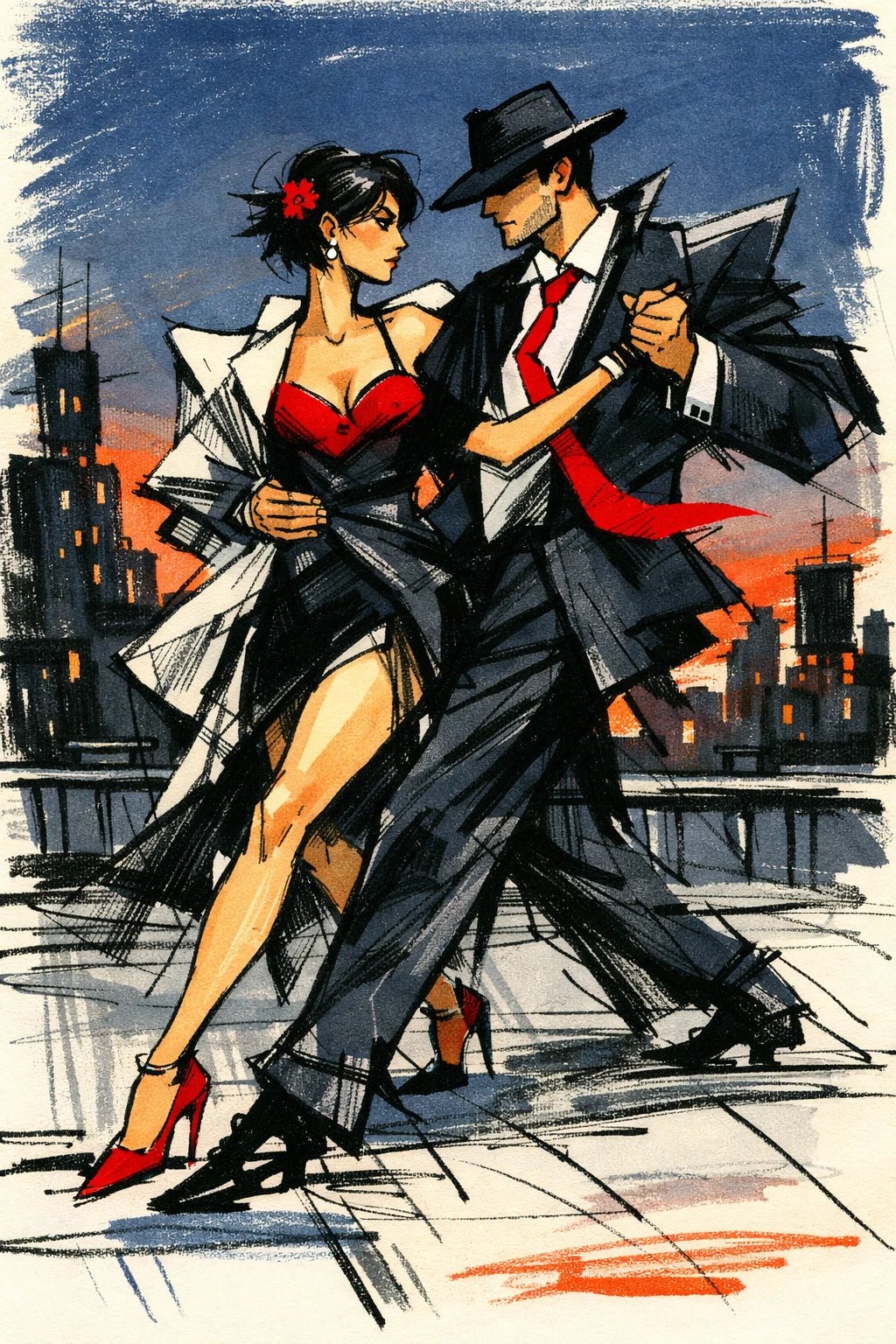 Example output from the Quirky Fashion Character Illustrations ChatGPT prompt: a sketch-style fashion illustration of a couple dancing in formalwear with red accents against a dusk skyline.