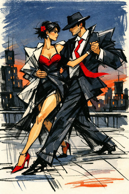 Example output from the Quirky Fashion Character Illustrations ChatGPT prompt: a sketch-style fashion illustration of a couple dancing in formalwear with red accents against a dusk skyline.