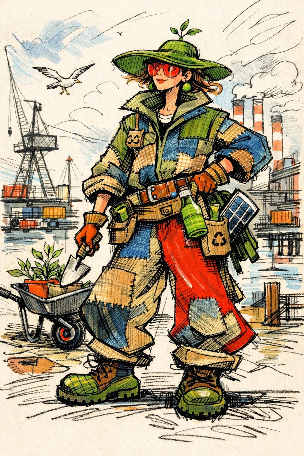 Example output from the Quirky Fashion Character Illustrations ChatGPT prompt: a sketch-style fashion illustration of an eco worker in patchwork utility gear with plants and a wheelbarrow.