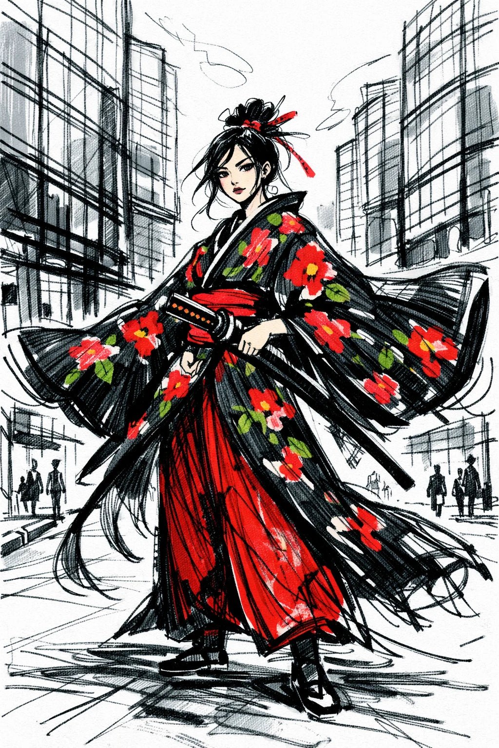 Example output from the Quirky Fashion Character Illustrations ChatGPT prompt: a sketch-style fashion illustration of a figure in a flowing floral kimono against a loosely drawn city skyline.