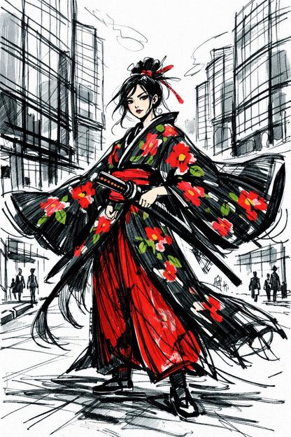 Example output from the Quirky Fashion Character Illustrations ChatGPT prompt: a sketch-style fashion illustration of a figure in a flowing floral kimono against a loosely drawn city skyline.