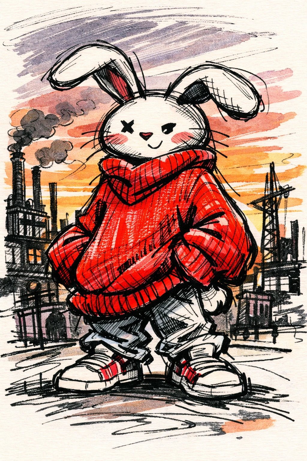 Example output from the Quirky Fashion Character Illustrations ChatGPT prompt: a sketch-style fashion illustration of a rabbit character in an oversized red hoodie and sneakers at sunset.