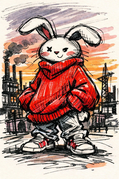 Example output from the Quirky Fashion Character Illustrations ChatGPT prompt: a sketch-style fashion illustration of a rabbit character in an oversized red hoodie and sneakers at sunset.