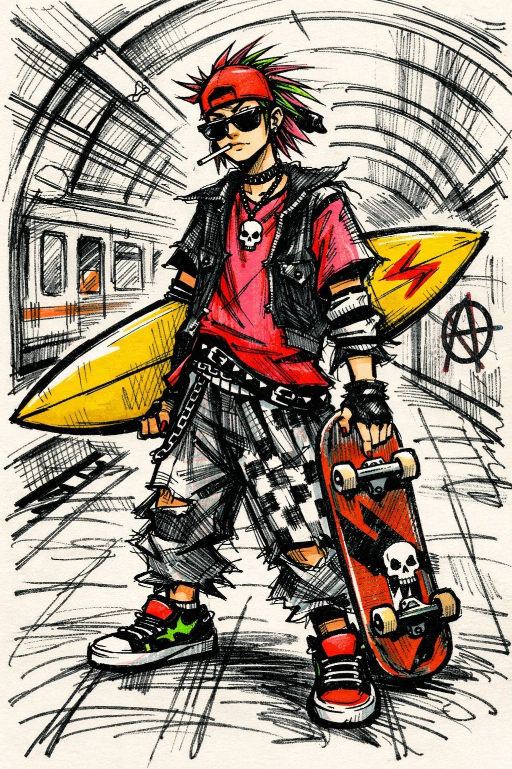 Example output from the Quirky Fashion Character Illustrations ChatGPT prompt: a skater fashion illustration with exaggerated silhouette, loose sketch strokes and an urban graphic background.