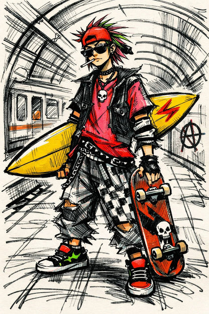 Example output from the Quirky Fashion Character Illustrations ChatGPT prompt: a skater fashion illustration with exaggerated silhouette, loose sketch strokes and an urban graphic background.