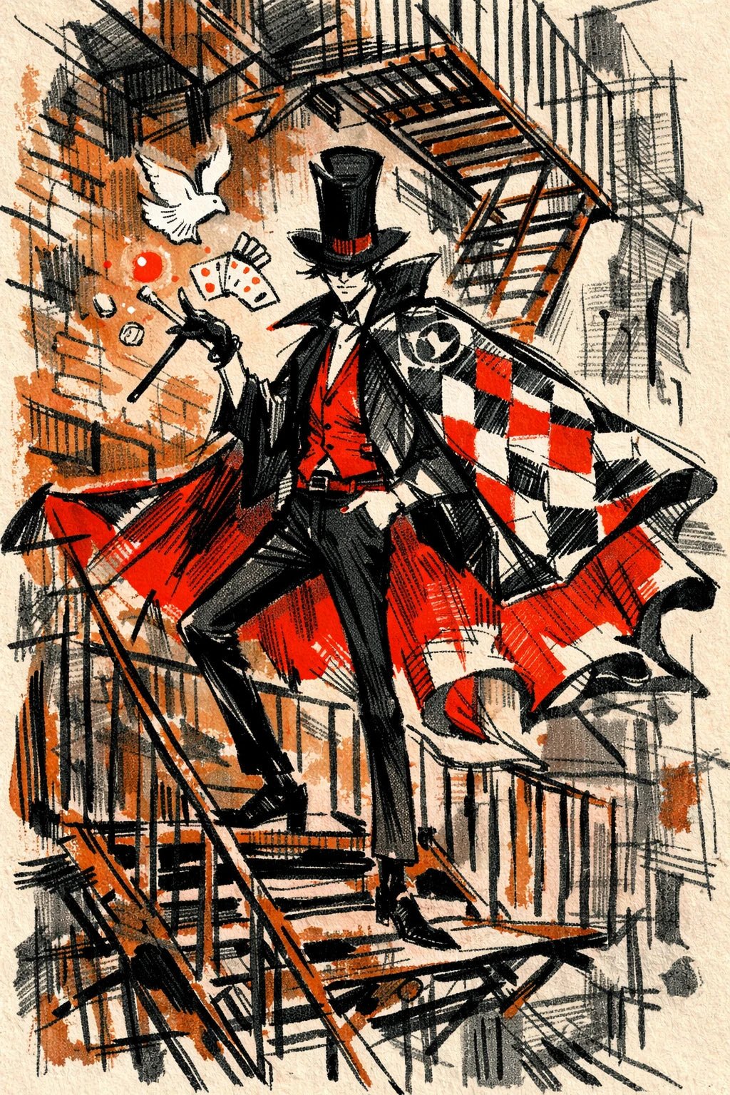 Example output from the Quirky Fashion Character Illustrations ChatGPT prompt: a street magician fashion illustration with exaggerated silhouette, loose sketch strokes and an urban graphic background.