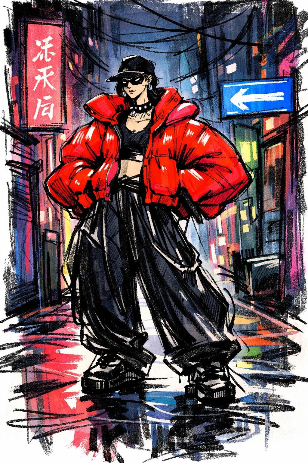 Example output from the Quirky Fashion Character Illustrations ChatGPT prompt: a sketch-style fashion illustration of a streetwear model in an oversized red puffer jacket on a neon-lit street.